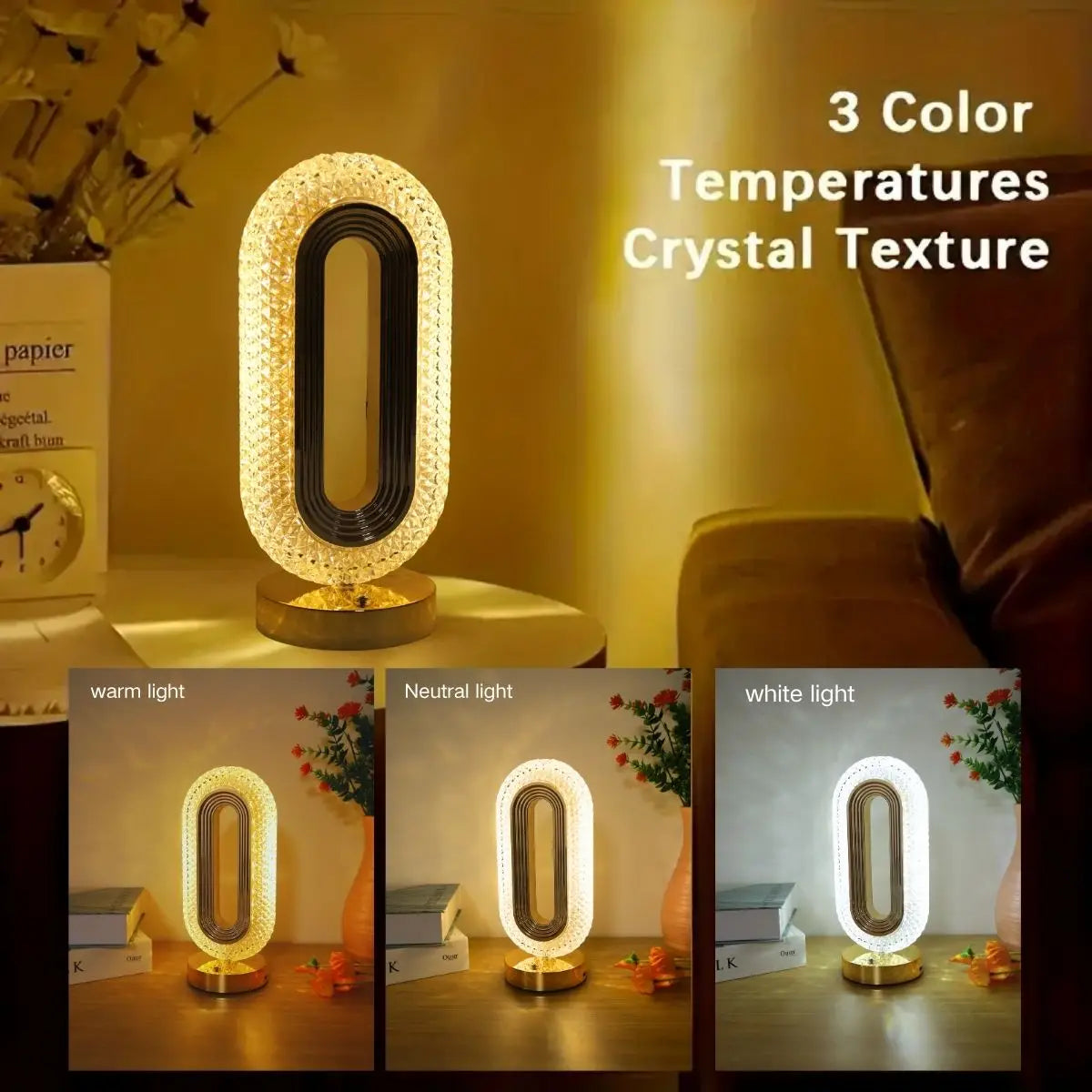 Bedroom Bedside Table Lamp, Rechargeable Touch Light, Crystal Modern Oval Lamp Bedside Table Lamp, Dormitory Living Room Office