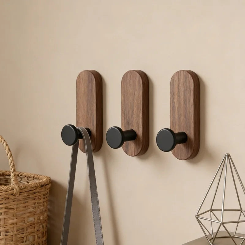 Self Adhesive Mounted Walnut Wood Wall Hooks for Hanging Coat Towel Clothes Blanket Hat Backpack Robe Entryway Key Holder
