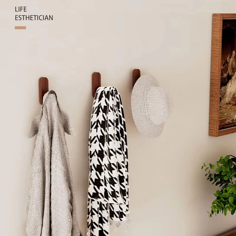 Self-Adhesive Walnut Wood Wall Hooks Minimalist Coat & Towel Hanger