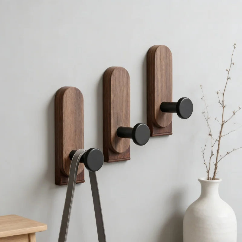Self Adhesive Mounted Walnut Wood Wall Hooks for Hanging Coat Towel Clothes Blanket Hat Backpack Robe Entryway Key Holder