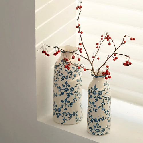 Blue & White Chinoiserie Ceramic Vase Vintage Home Decor
