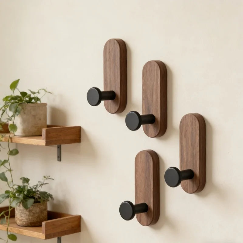 Self-Adhesive Walnut Wood Wall Hooks Minimalist Coat & Towel Hanger